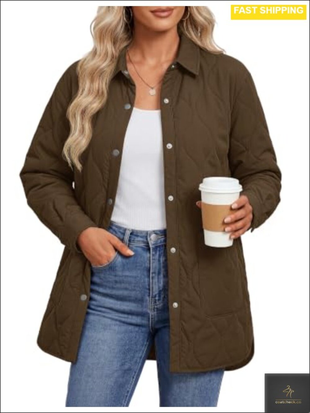 Quilted Puffer Jacket Lightweight Warm Coat Turn Down Collar Winter